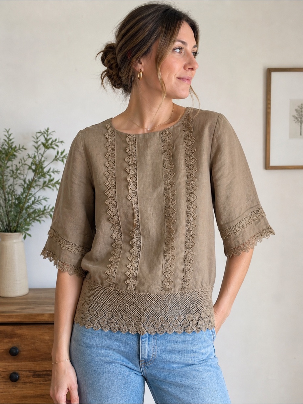 Vintage Cloak of Many Colors by Liberty & Lucretia Tan Linen Lace Trim Top